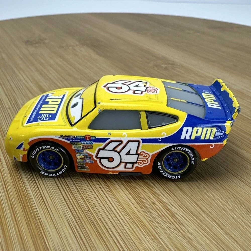 Disney Pixar Cars Diecast Mattel RPM #64 Yellow Blue Race Car‎ Rubber Tires